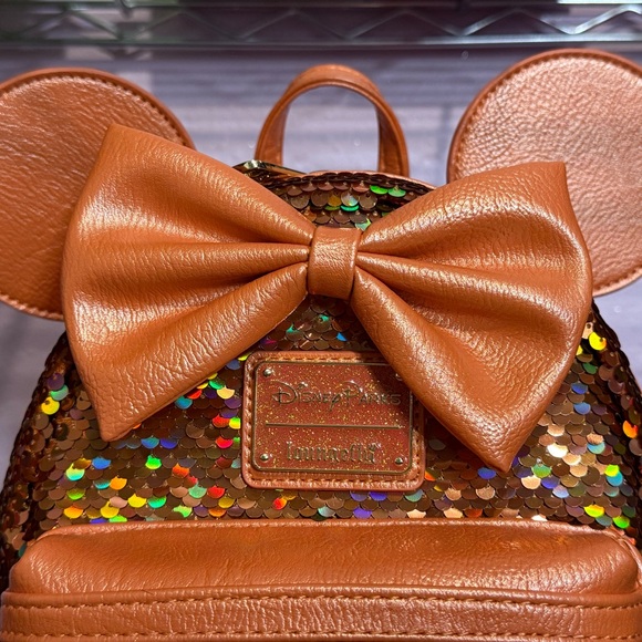 Disney Parks Exclusive Minnie Mouse Peach Punch Sequin Loungefly Mini Backpack - Picture 2 of 5